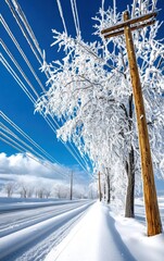 Ice storm covering trees and power lines with a layer of ice, freezing weather, dangerous beauty
