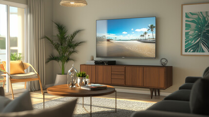 A cozy living room with mid-century modern furniture and a large flat-screen TV on the wall