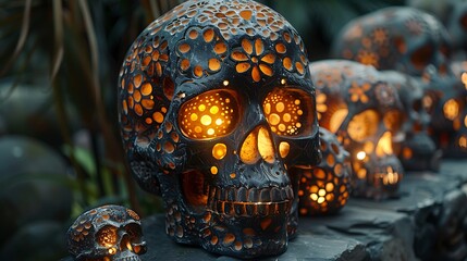 Fototapeta premium A close-up of a carved Skull Lantern with intricate patterns illuminated on a porch 