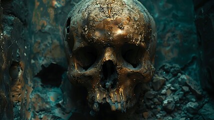 A close-up of a Haunted Skull glowing eerily in a dark corner 