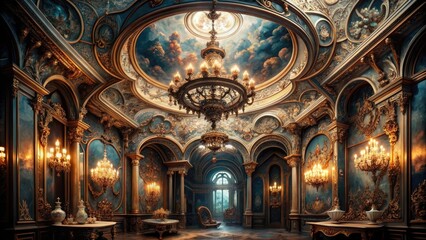 Fototapeta premium Urbane Intrigue: Opulent, sophisticated, enigmatic atmosphere with muted colors, swirling patterns, and intricate detailing.