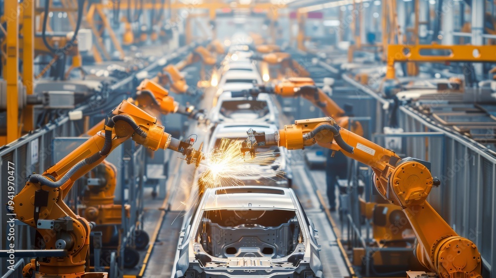Aufkleber the automotive factory assembly line demonstrates cuttingedge technology with robotic arms used for 