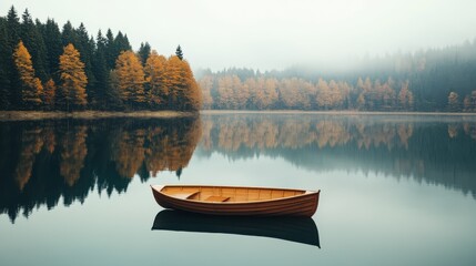Obraz premium A serene autumn scene featuring a wooden boat on a tranquil lake, surrounded by colorful trees and a misty atmosphere.