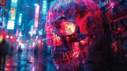 A neon-lit cyberpunk cityscape with a glowing Skull Lantern in the foreground 