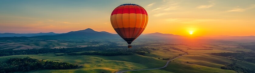 Obraz premium A vibrant hot air balloon soaring above lush green fields at sunset.