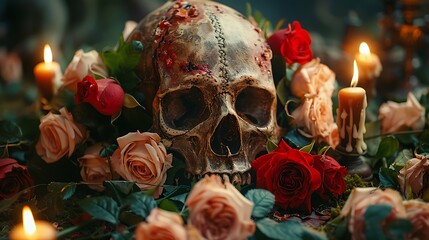 A haunting image of a Skull Wreath adorned with dark roses and lit by candlelight 