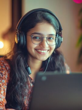 Smiling Woman in Headphones at a Computer