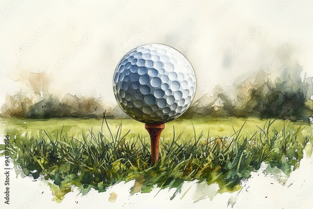 Wall mural watercolor golf ball on tee with elegant brushstrokes