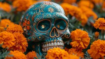 A festive and colorful Day of the Dead Skull surrounded by marigold flowers 