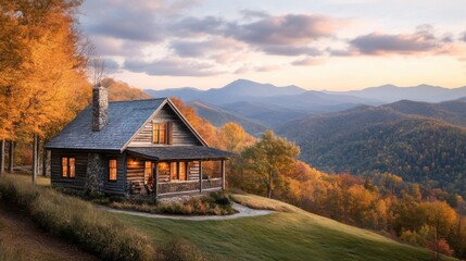 A charming log cabin on a hillside, surrounded by vibrant autumn foliage and majestic mountains under a colorful sunset sky.