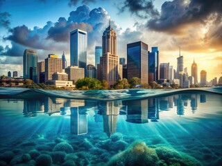 Obraz premium Urban Submersion: Cityscapes submerged in water, blurring the lines between reality and dreams.