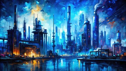 Fototapeta premium Urban Symphony: Electric blue hues, metallic accents, industrial textures, with surrealism and neo-expressionist brushstrokes.