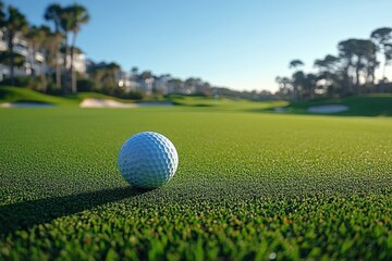 Fototapeta premium Close-Up of Golf Ball on Tee with Pristine Fairway and Sand Trap Background