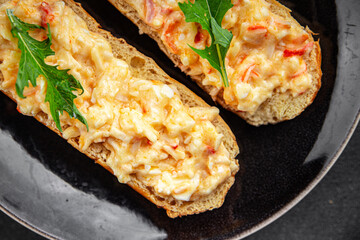 smorrebrod salad spread surimi and crab sticks, mayonnaise fresh meal food snack on the table copy space food background rustic top view