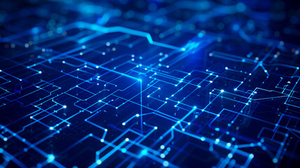 Abstract Blue Digital Circuit Background. A futuristic digital circuit board in blue tones, with intricate connections and glowing lines, representing modern technology, networks, and data flow.