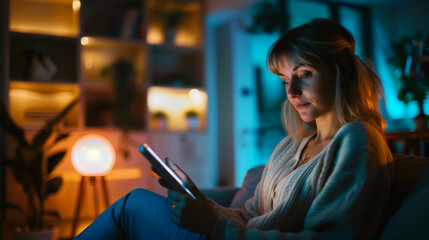 A woman sits comfortably in her living room, using a tablet to control her smart home devices. The room is dimly lit with warm lighting, creating a cozy and modern ambiance.