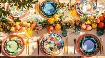 Colorful Table Setting with Fruit and Flowers
