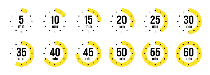 Simple stopwatch icons. Colorful chronometer, time counter with dial. Countdown timer showing hours and minutes. Deadline, measurement for sport. Cooking time label, sticker. Vector illustration