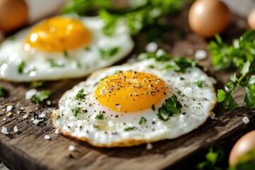 Perfectly Cooked Boiled Eggs with Fresh Herbs and Seasoning on Wooden Cutting Board
