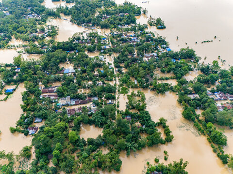 Aerial view of flood affected villages in Eastern Bangladesh. Flood in Eastern Bangladesh. waterlogging in Bangladesh. 