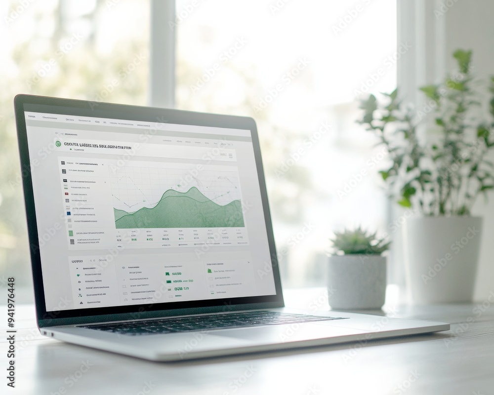 Aufkleber Professional Financial Loss Reporting Website Mockup with Graphs and Charts Showing Decline in Clean Office Setting, Daytime