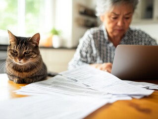 Elderly Asian Woman Managing Finances with Cat Companion in Kitchen During Morning