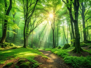 Fototapeta premium Verdant Pause: Tranquil, natural, emerald leaves, forest clearing, meditative