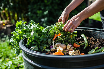 man putting food waste in to compost bin
