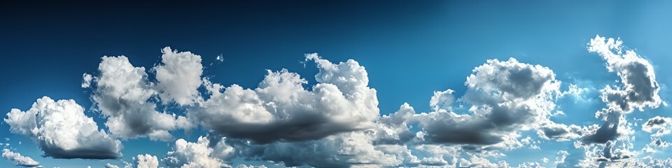 A panoramic view of a blue sky filled with fluffy white clouds.