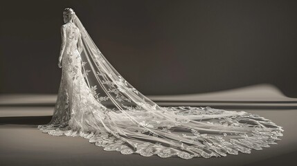 A bride stands in a long white wedding dress with a veil trailing behind her.