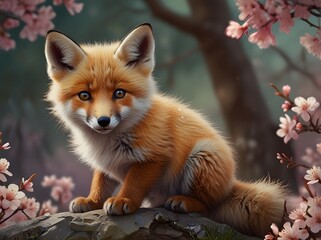 Obraz premium Red Fox Kit Under Cherry Blossom Tree.