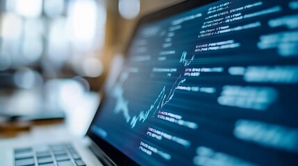 Financial Stock Market Data on Laptop Screen A Closer Look at Market Trends and Analytics Amidst Economic Fluctuations, Captured Indoors, Highlighting Neutral Mood and Analytical Focus