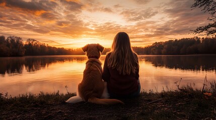 A woman and her dog watching the sunset over water. The sky is a beautiful orange, with stunning colors