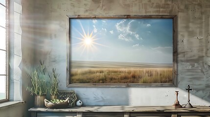 Design an artwork of a peaceful prairie during the day, with the sun shining brightly above, hung on a farmhouse-style wall with a rustic frame mockup.