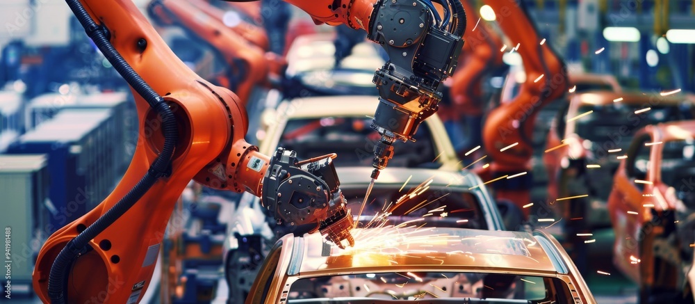 Poster robotic arms welding on a car assembly line in a modern automotive factory. this high-tech productio