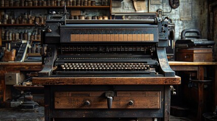 An old writer sits at a wooden table with an antique typewriter, surrounded by the essence of vintage musical instruments