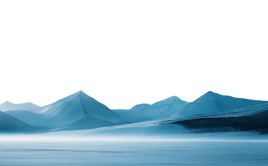 Vast empty snowy frozen winter landscape with mountain range in the distant horizon. Isolated transparent background PNG. Frozen sea.