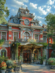 Regal vintage mansion with ornate ironwork, set amidst lush gardens and historical architecture, bathed in sunlight with a timeless, enchanting atmosphere.