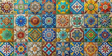 Vibrant Mosaic Concrete Tiles: Colorful small tiles, intricate designs, artistic, bohemian