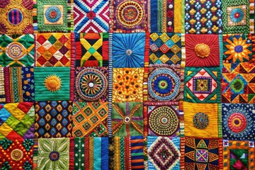 Vibrant Mosaic: Patchwork cotton, colorful hand-stitching, eclectic, cheerful, African patterns, geometric shapes, bold hues