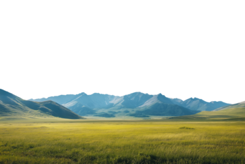 Vast empty summer spring landscape with mountain range in the distant horizon. Isolated transparent background PNG. Warm hues and green grass. 