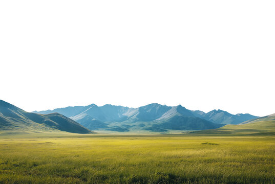 Vast empty summer spring landscape with mountain range in the distant horizon. Isolated transparent background PNG. Warm hues and green grass. 