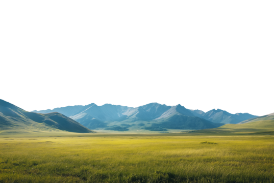 Vast empty summer spring landscape with mountain range in the distant horizon. Isolated transparent background PNG. Warm hues and green grass. 