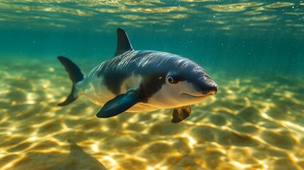 Fototapeta premium Rare Vaquita Captured in Natural Habitat, Feeding Gracefully in Clear Lagoon Waters, Highlighting Conservation Needs, Perfect for Educational Use