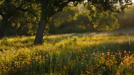 Fototapeta premium Sunlit Meadow with Oak Trees