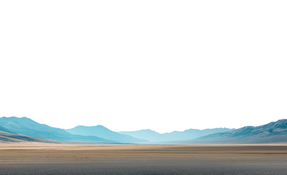 Vast empty dry landscape with mountain range in the distant horizon. Isolated transparent background PNG.