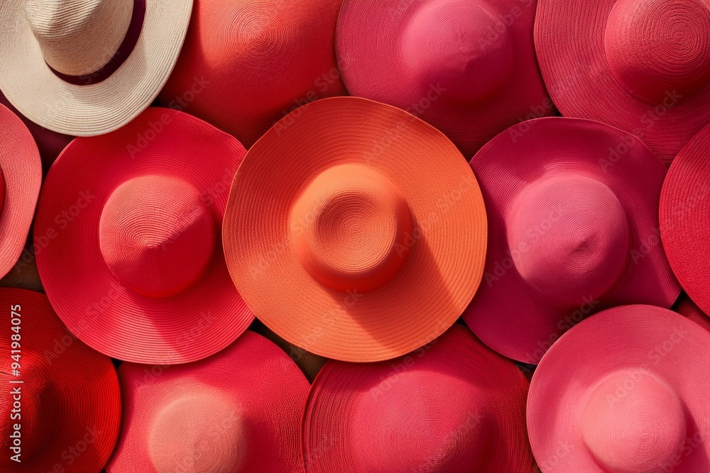 Poster aerial view of bright red hats forming a symmetrical geometric pattern - soft natural lighting