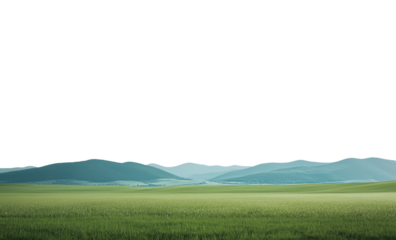 Vast empty summer spring landscape with mountain range in the distant horizon. Isolated transparent background PNG. Vast meadow with green grass.