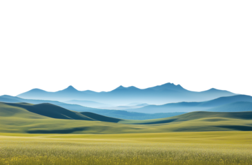 Vast empty summer spring landscape with mountain range in the distant horizon. Isolated transparent background PNG. Green meadow. 