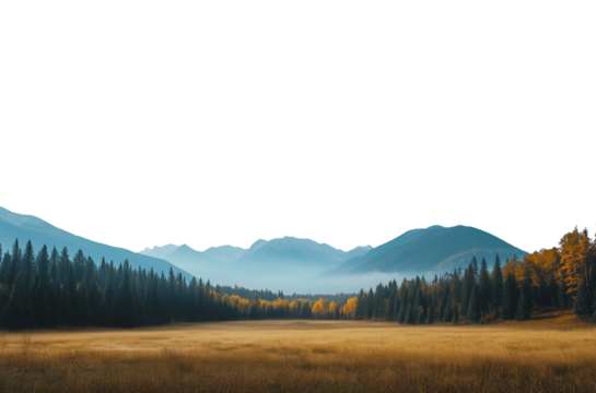 Vast autumn empty landscape with mountain range in the distant horizon. Isolated transparent background PNG. With pine forest. 